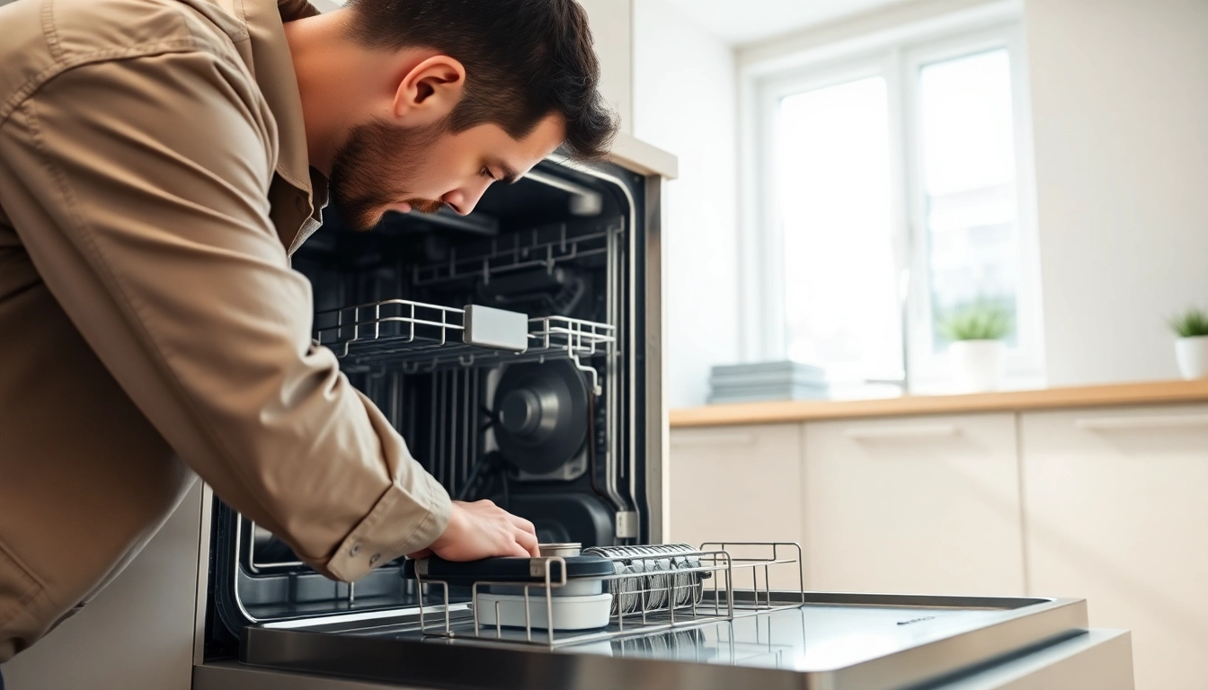 Technician engaged in BOSCH dishwasher repair showcases the appliance's intricate features.