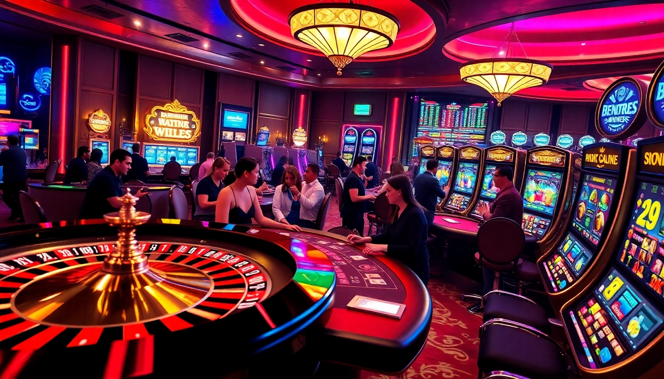 Exciting scene of mm88 casino with roulette wheel, blackjack table, and engaged players.