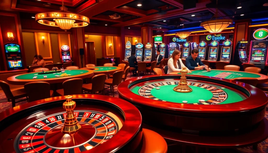 Exciting gambling scene at luck8 showcasing roulette and poker gameplay in a luxurious casino