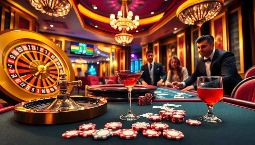 Exciting casino scene with poker players and roulette wheel embodying the thrill of nh88 gaming.