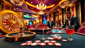 Exciting casino scene with poker players and roulette wheel embodying the thrill of nh88 gaming.
