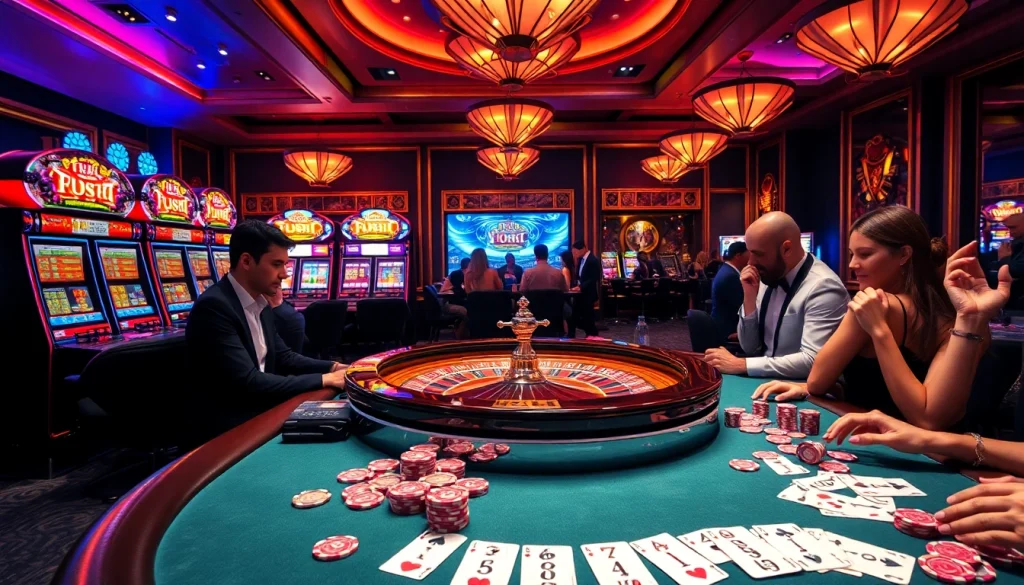 K9K9 casino vibrant atmosphere with players enjoying poker tables and slot machines.