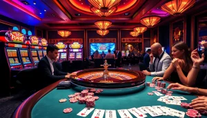 K9K9 casino vibrant atmosphere with players enjoying poker tables and slot machines.