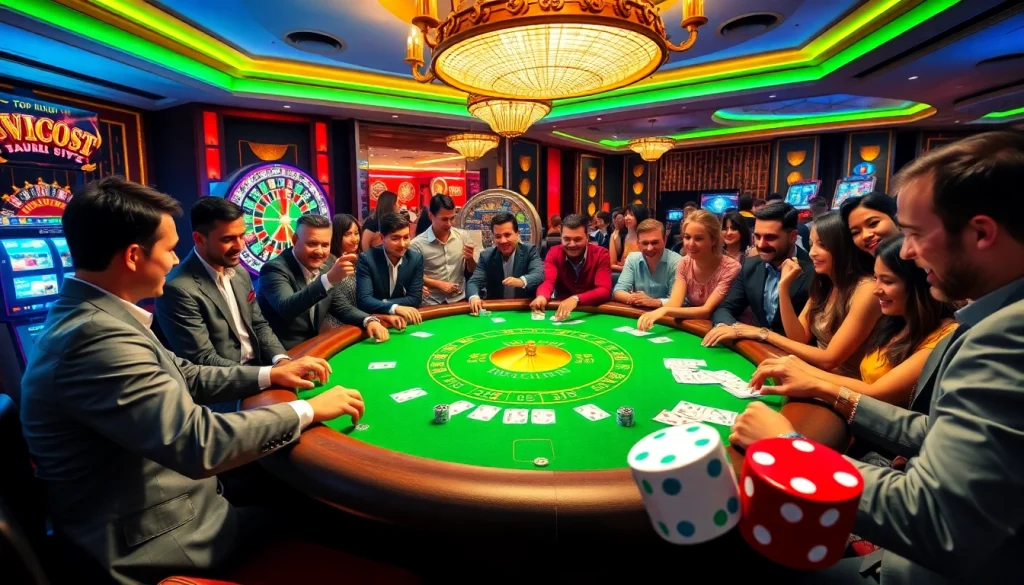 Topclub gamblers celebrating wins at a vibrant casino poker table with lively atmosphere.