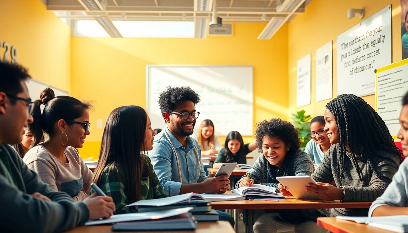 Education-focused classroom with diverse students collaborating and engaging in innovative learning.