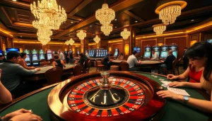 KJC casino scene with roulette wheel and players engaged in lively gambling.