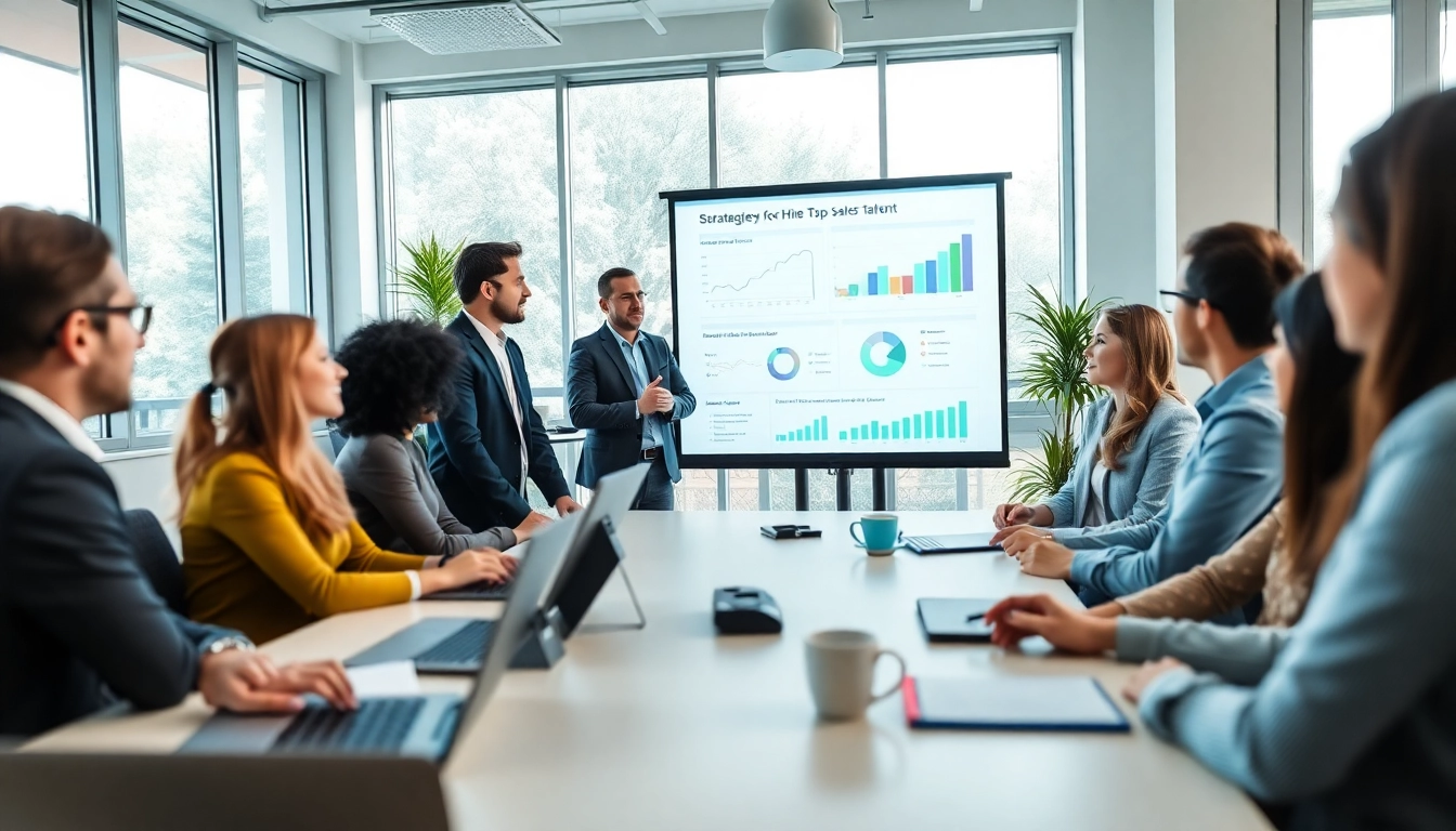 Engaging meeting on how to hire top sales talent with diverse professionals discussing strategies.