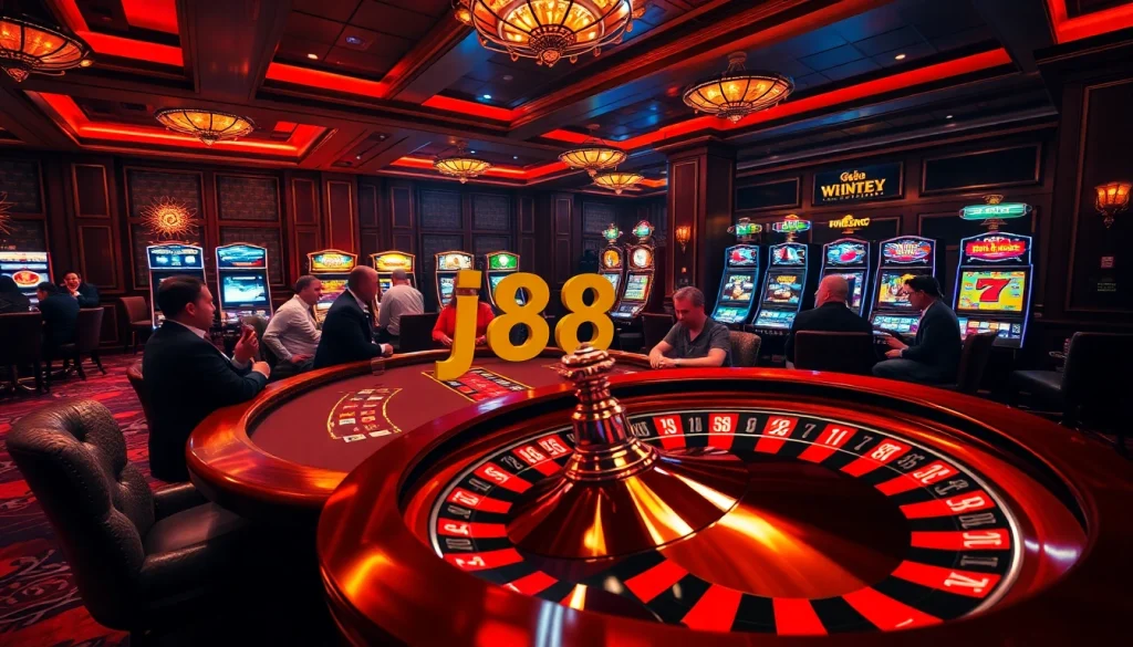 Engaged players strategize with j88 poker chips at a luxury casino table.