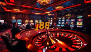 Engaged players strategize with j88 poker chips at a luxury casino table.