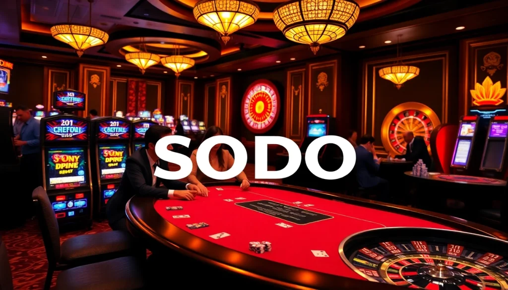 SODO logo shines at a high-stakes poker table in an upscale casino setting.