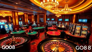 GO8 casino scene showcasing vibrant table games, roulette wheels, and excited players in action.