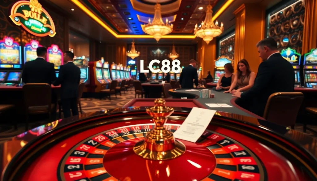 Exciting gameplay at LC88 casino with roulette, poker tables, and vibrant slot machines.