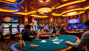 Experience the thrill of gambling at OK88 with vibrant casino tables and exciting game elements.