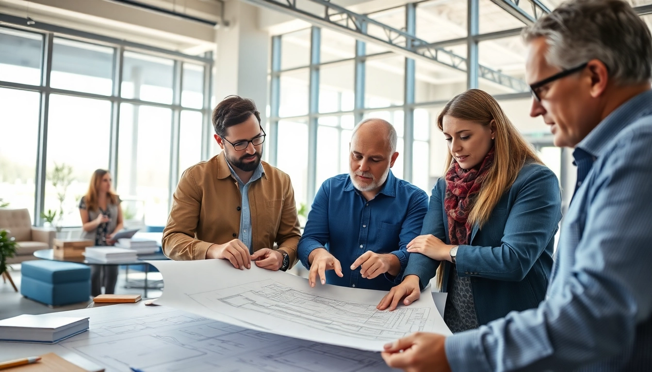 Builders collaborating on plans, representing the Texas association of builders in a professional setting.