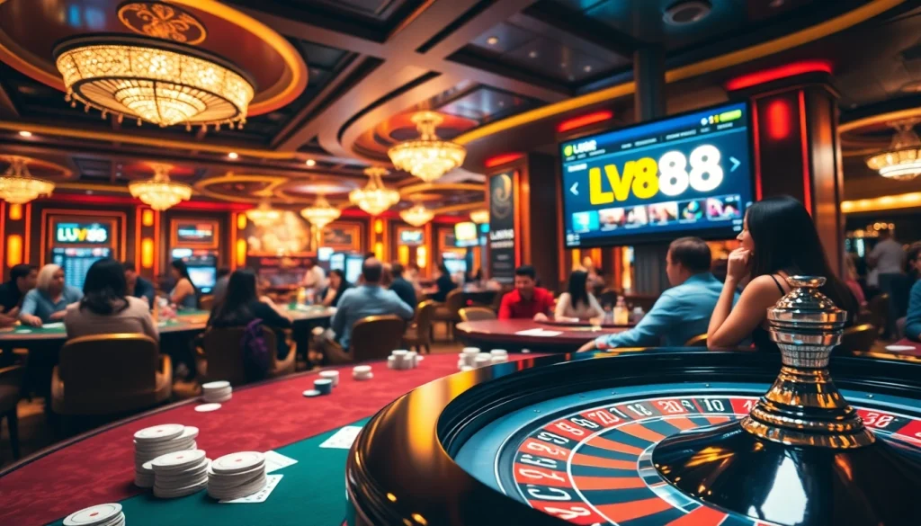Players enjoying a thrilling game at LV88 casino tables with vibrant chips and cards.