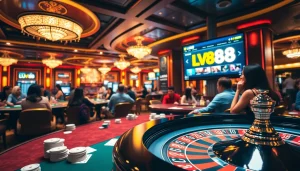 Players enjoying a thrilling game at LV88 casino tables with vibrant chips and cards.