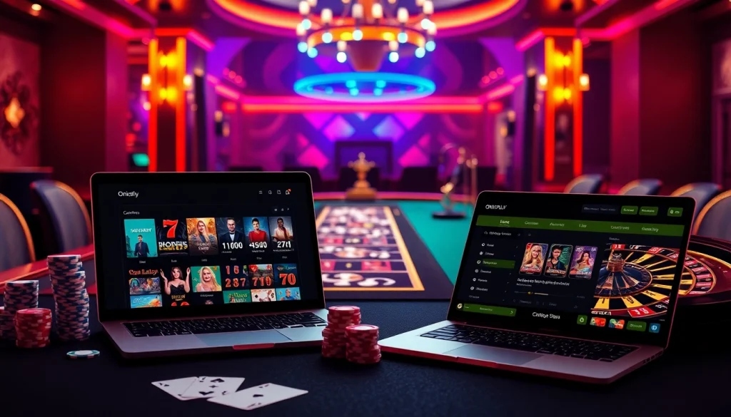 Experience the thrill of ONICPLAY with dynamic online casino visuals featuring poker chips, roulette, and gaming excitement.