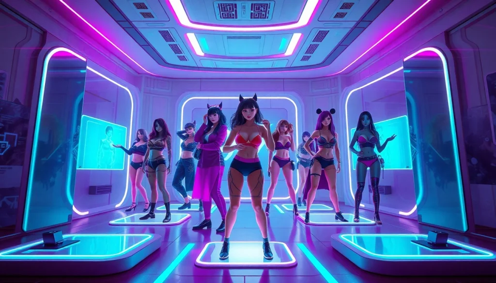 Engaging NSFW character AI interaction in a vibrant, futuristic digital environment.