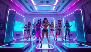 Engaging NSFW character AI interaction in a vibrant, futuristic digital environment.