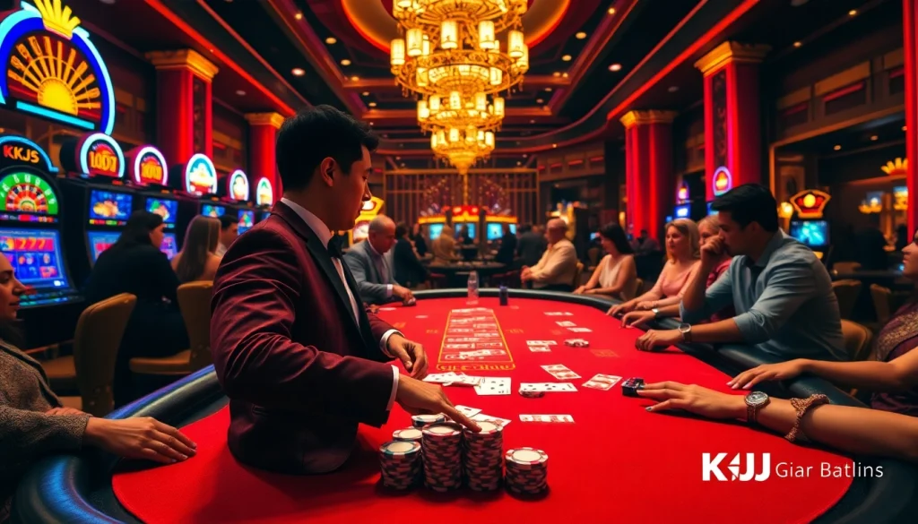 KJC players engaging in an exciting high-stakes poker game at a luxurious casino table.