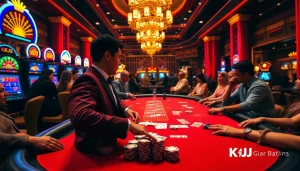 KJC players engaging in an exciting high-stakes poker game at a luxurious casino table.