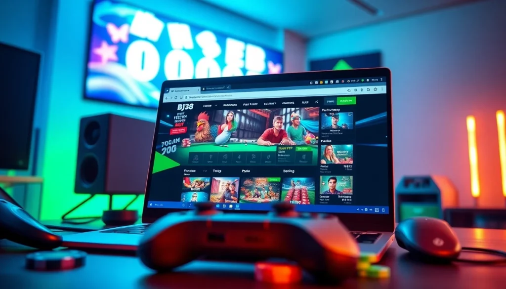 BJ38 gaming platform featuring online rooster fighting and casino games in a vibrant setting.