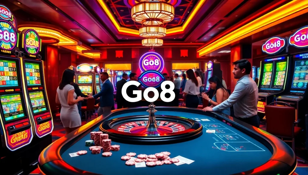 Players engaging in exciting games at the Go8 casino, showcasing vibrant slot machines and a lively atmosphere.