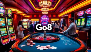Players engaging in exciting games at the Go8 casino, showcasing vibrant slot machines and a lively atmosphere.