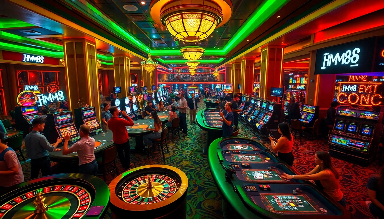 Experience the excitement of gambling at HM88 casino with vibrant tables and enthusiastic players.