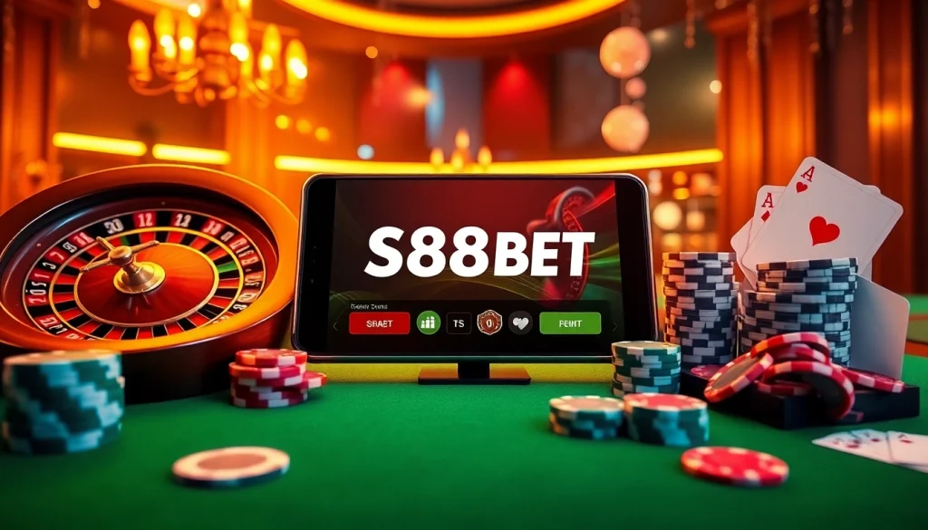 S88BET online gambling app showcased on a modern device with casino-themed decor