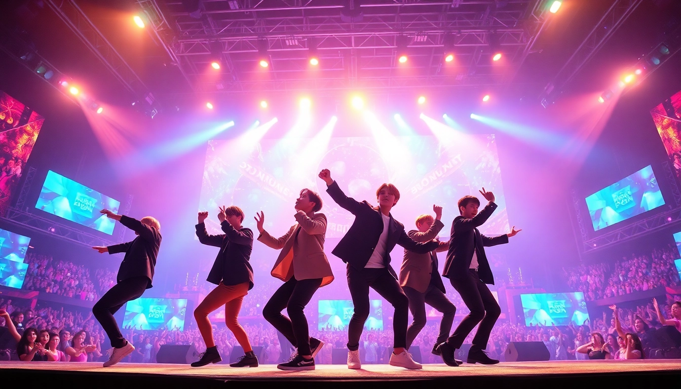 BTS news highlights an energetic concert with members performing live on stage.