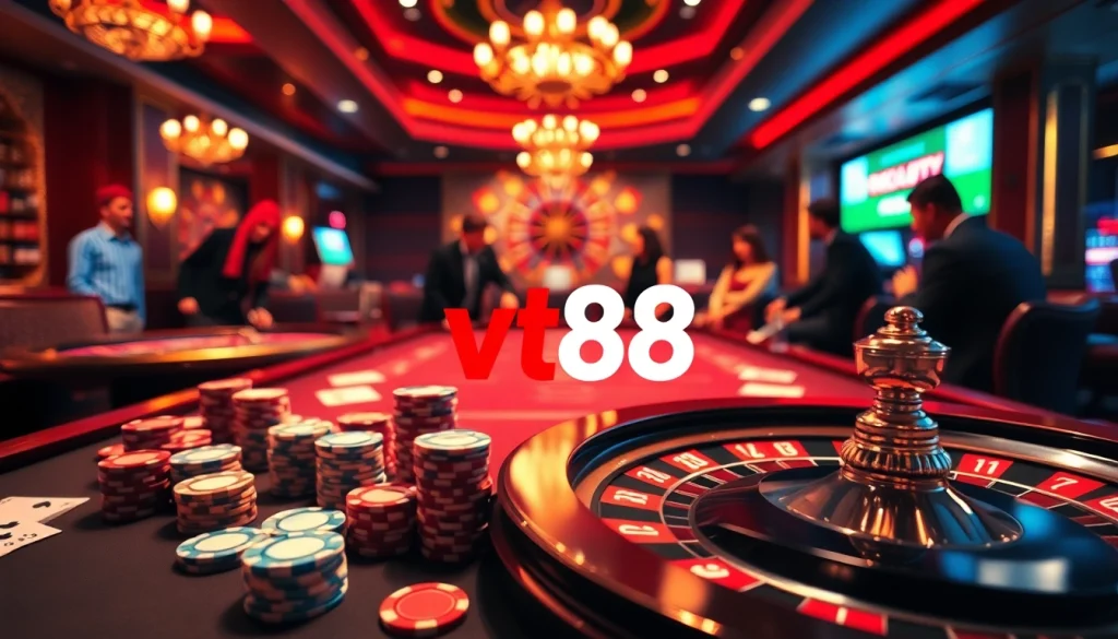 Vt88 nhà cái featuring an exciting casino table with chips, cards, and roulette wheel.