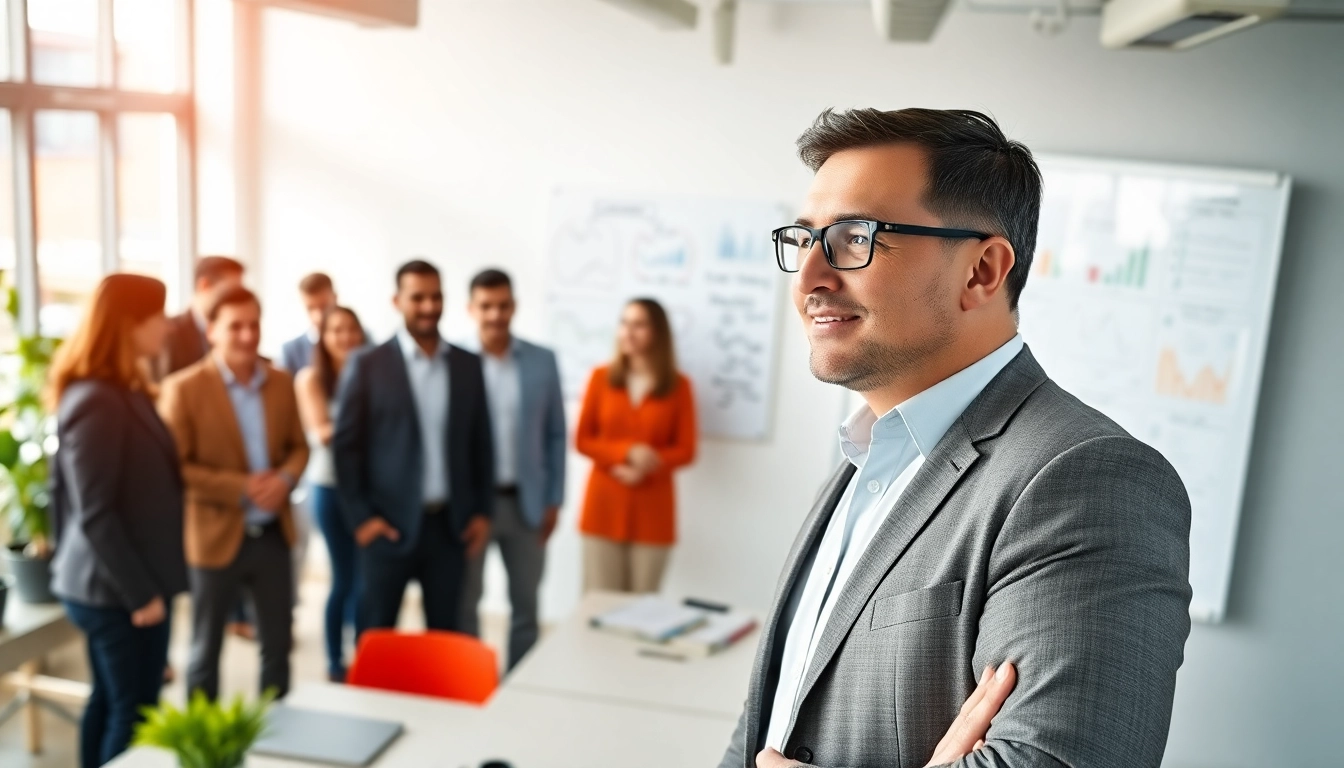 Capturing founder leadership insights with a business leader guiding a diverse team in a modern office.