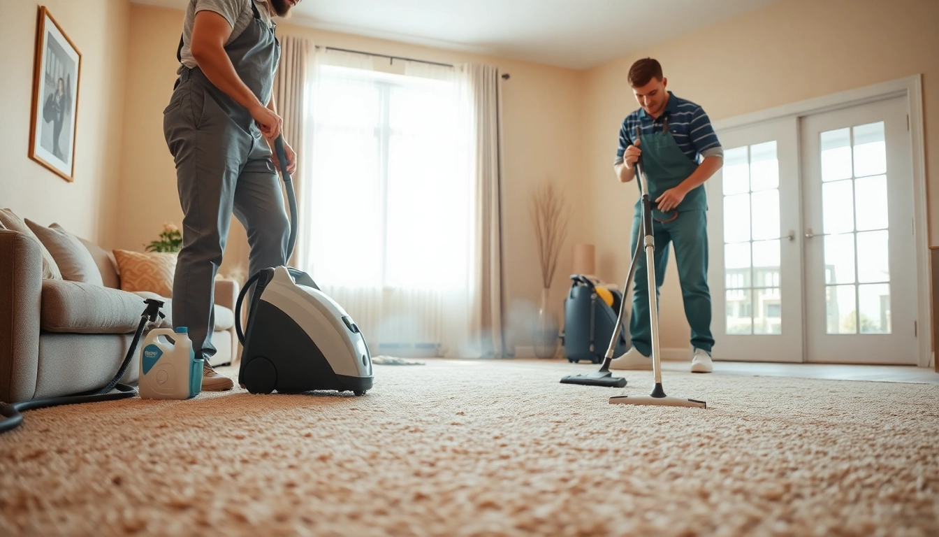 Local carpet cleaners professionally cleaning a carpet in a bright living room.