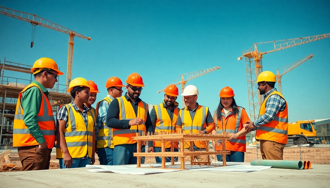 Individuals engaged in construction training programs at a job site, showcasing teamwork.