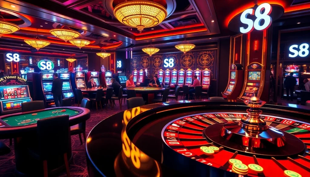 S8 casino scene showcasing players at a roulette table with vibrant chips and sophisticated ambiance.