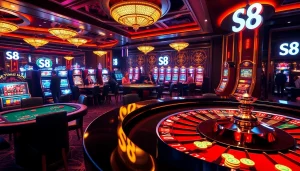 S8 casino scene showcasing players at a roulette table with vibrant chips and sophisticated ambiance.