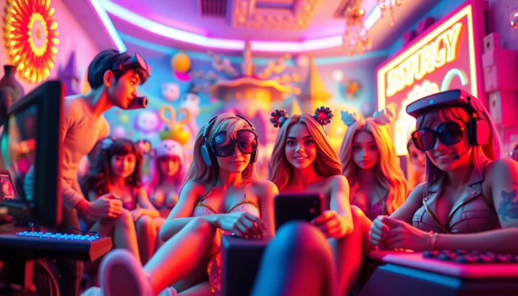 Porn game characters interacting in a vibrant gaming landscape.