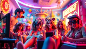 Porn game characters interacting in a vibrant gaming landscape.