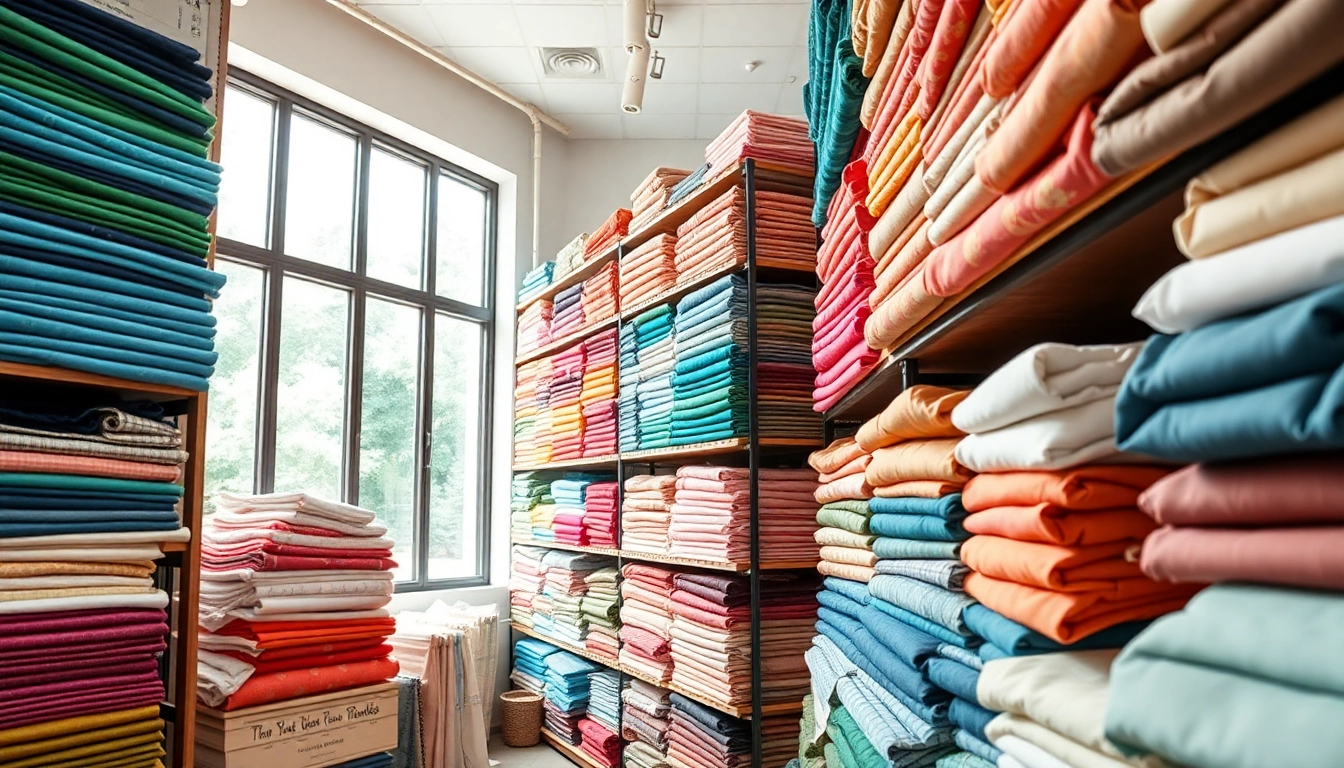 Koop goedkope katoen stoffen van verschillende kleuren en patronen in een winkelomgeving.