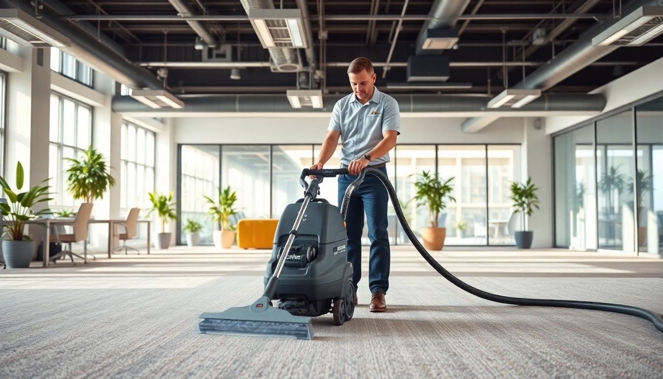 Enhance your space with professional commercial carpet cleaning featuring a technician in action.