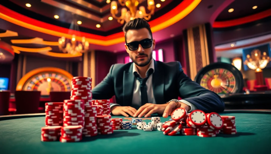 Engaging poker game scene with players and chips at j88 casino.