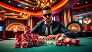 Engaging poker game scene with players and chips at j88 casino.