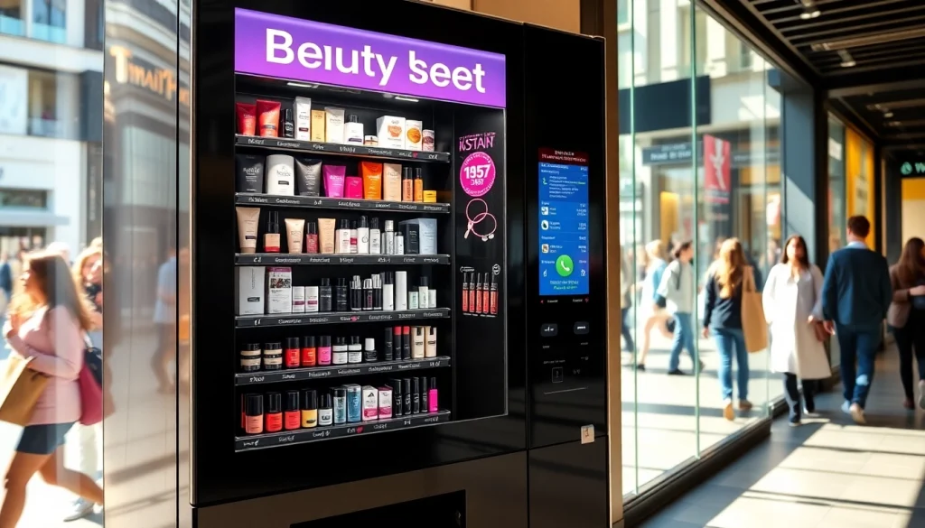 Beauty vending machine displaying skincare and makeup products in an urban setting.