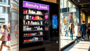 Beauty vending machine displaying skincare and makeup products in an urban setting.