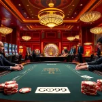 GO99 players strategizing at a luxurious poker table in a vibrant casino setting.