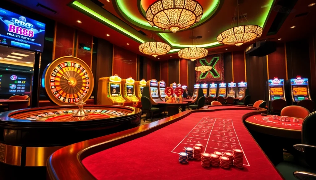 Experience an exciting RR88 casino atmosphere with roulette, poker tables, and vibrant slot machines.