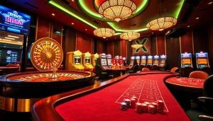 Experience an exciting RR88 casino atmosphere with roulette, poker tables, and vibrant slot machines.