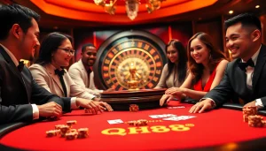 Engaged players at a QH88 casino table enjoying poker chips and cards under warm casino lights.