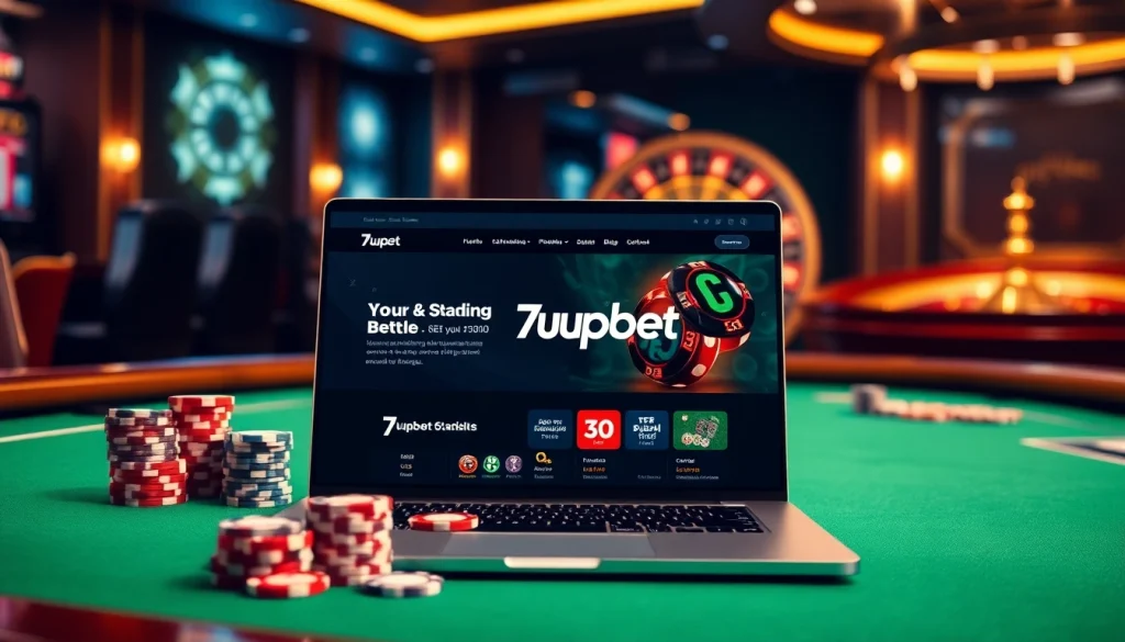 Enjoying betting action at 7upbet's online casino platform with dynamic poker chips and cards.